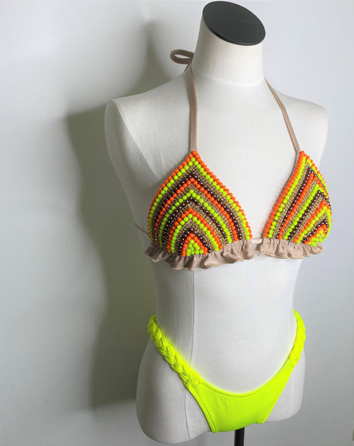 RIANA Bikinitop mit Perlen - Neongelb